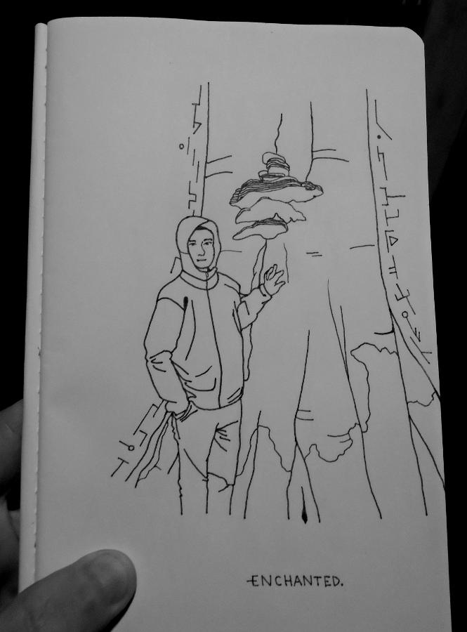 Line drawing of a young man standing next to a tree with mushrooms growing on it