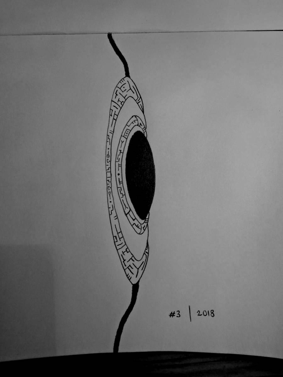 Line drawing of a black oval surrounded by two rings of glyphs