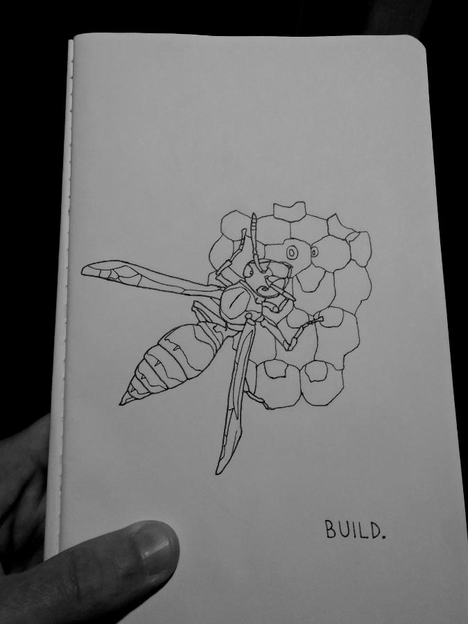 Line drawing of a paper wasp on a small nest