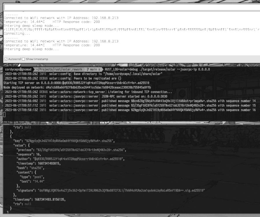 Desktop screenshot showing a microcontroller communicating with a Scuttlebutt node.